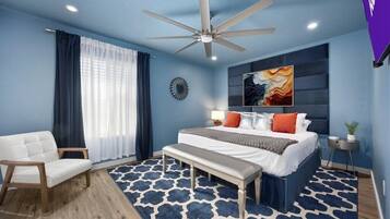 4 bedrooms, desk, iron/ironing board, travel crib