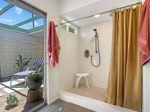 Hair dryer, towels, soap, shampoo