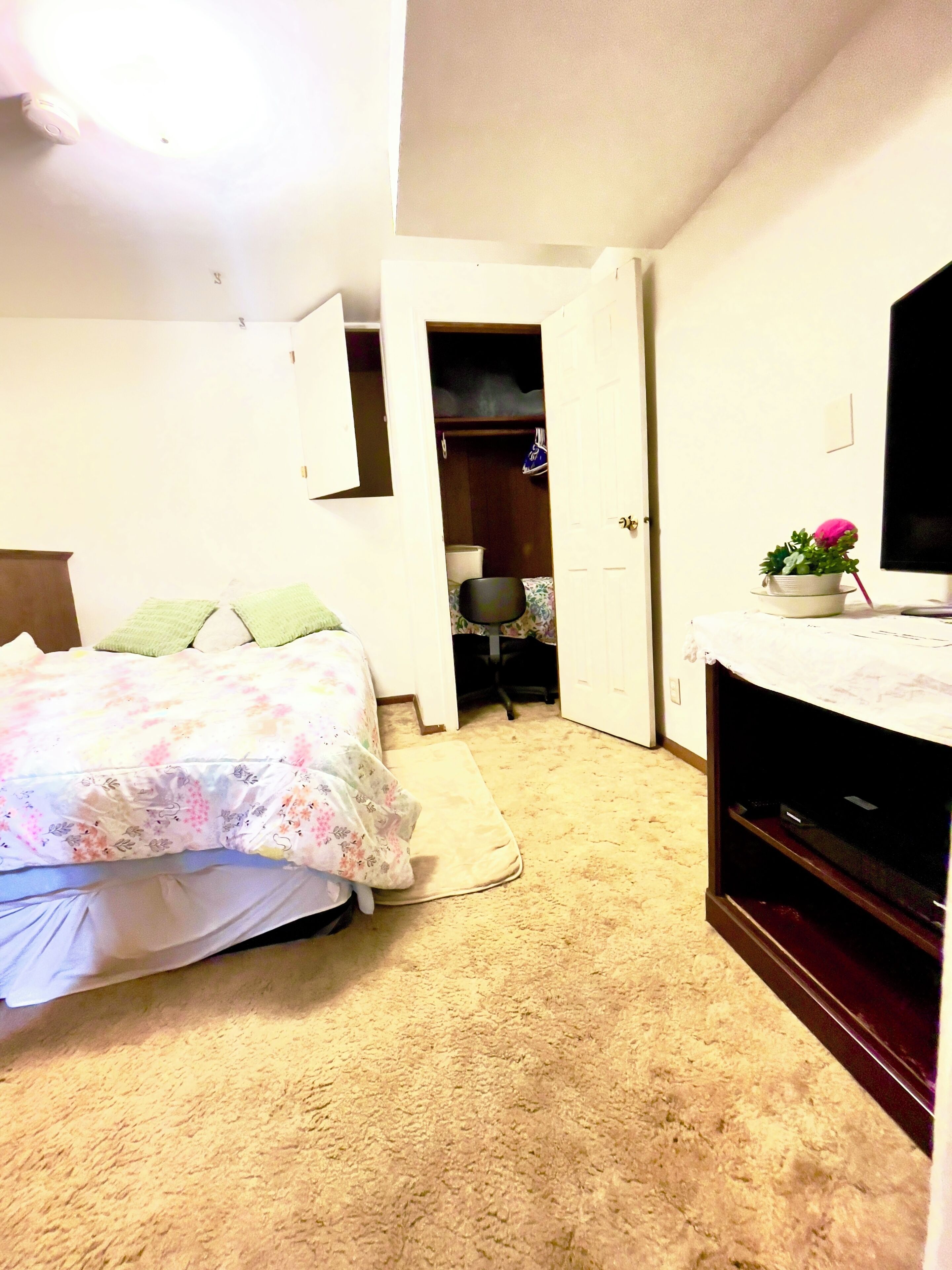 Une chambre à coucher avec un lit, un bureau, une chaise, une armoire et une petite plante en pot.