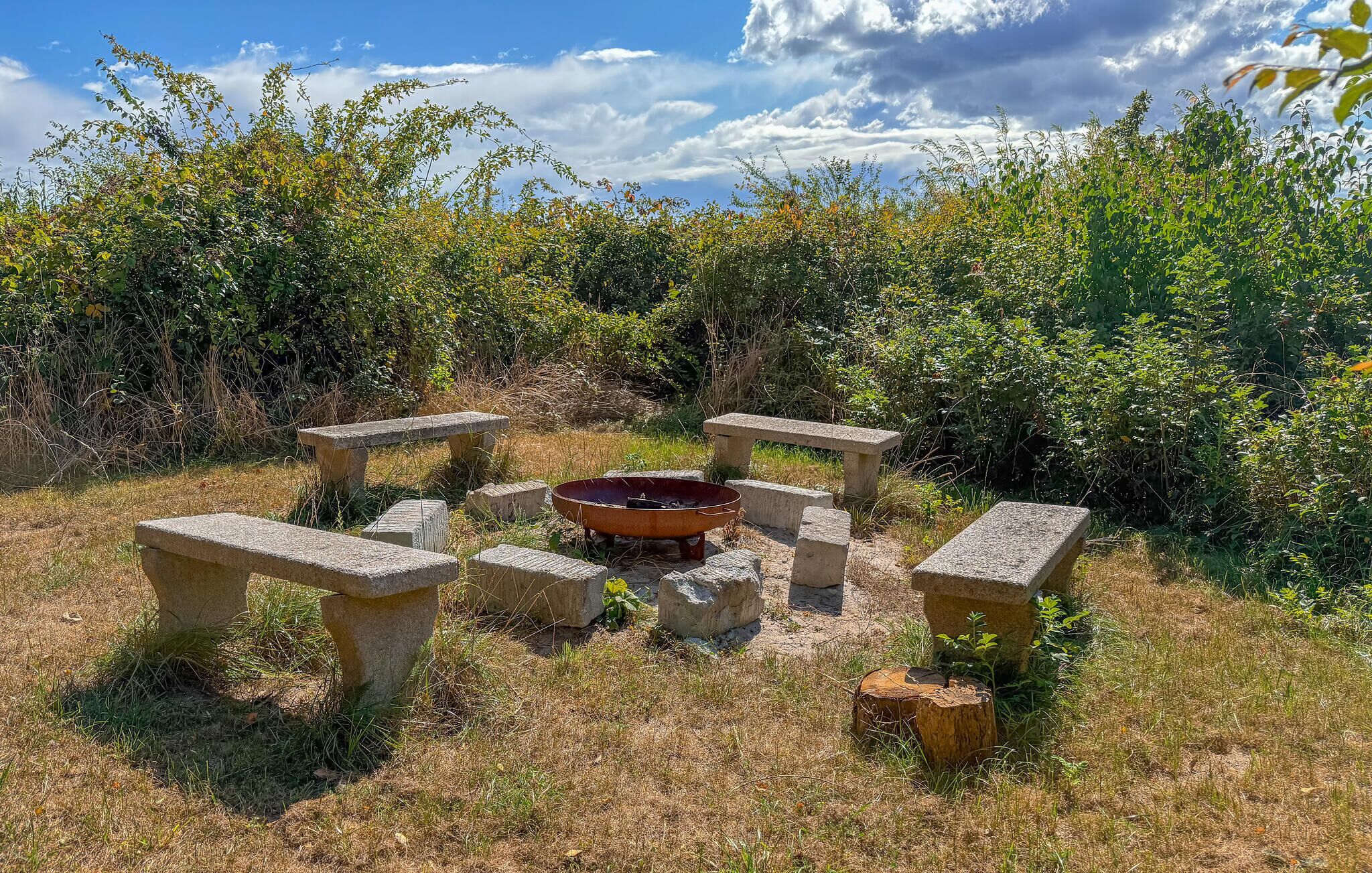 An outdoor seating area with stone benches and a fire pit.
