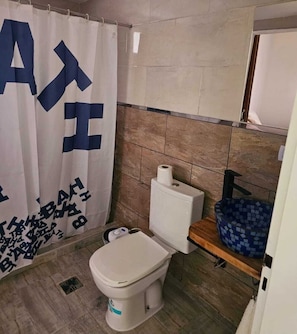 Hair dryer, bidet, towels, soap