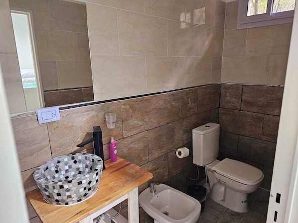 Hair dryer, bidet, towels, soap