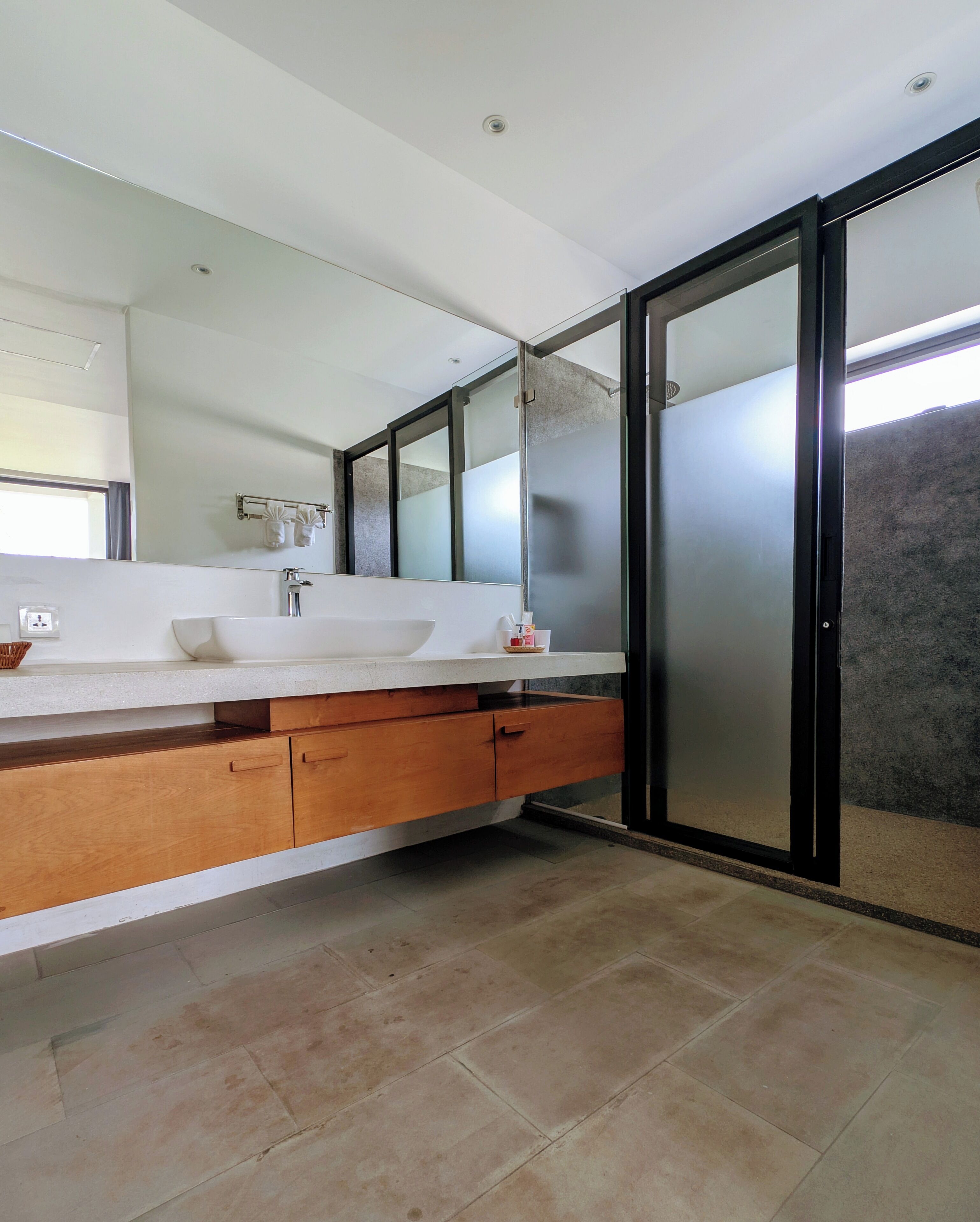 A modern bathroom with a large sink, wooden cabinets, and a glass shower enclosure.