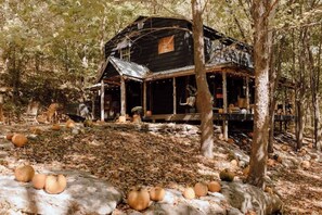 A rustic cabin surrounded by trees and pumpkins.