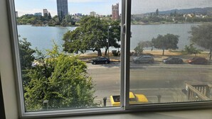 Vista desde una ventana sobre un lago, con un paisaje urbano al fondo que incluye un edificio alto y otras construcciones.