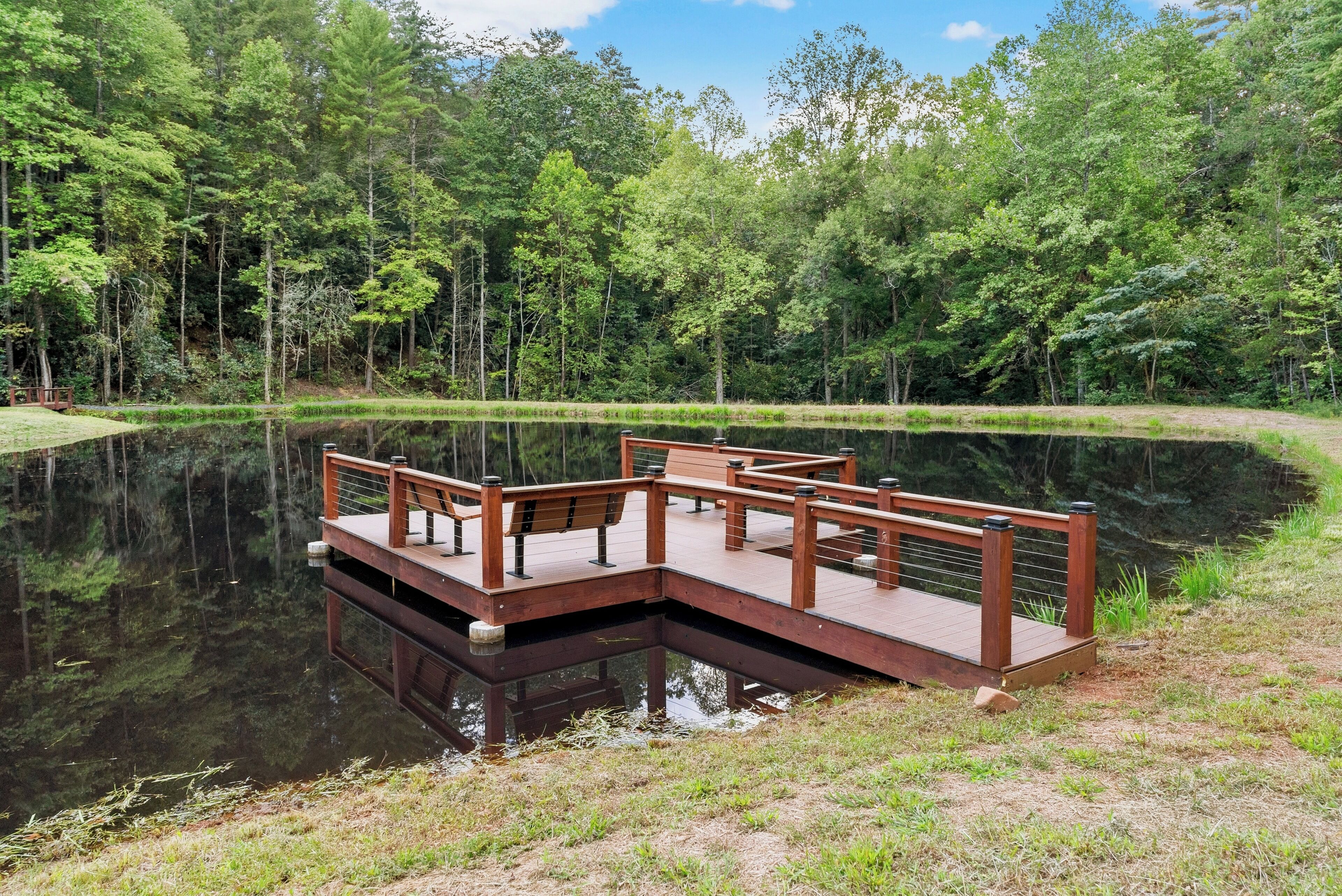 Un muelle de madera con bancos se extiende sobre un lago tranquilo, rodeado de un bosque frondoso.