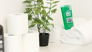 A bathroom with a white tiled wall, a potted plant, a roll of toilet paper, a green bottle, and a stack of white towels.