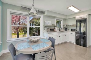 Fridge, microwave, coffee/tea maker, toaster