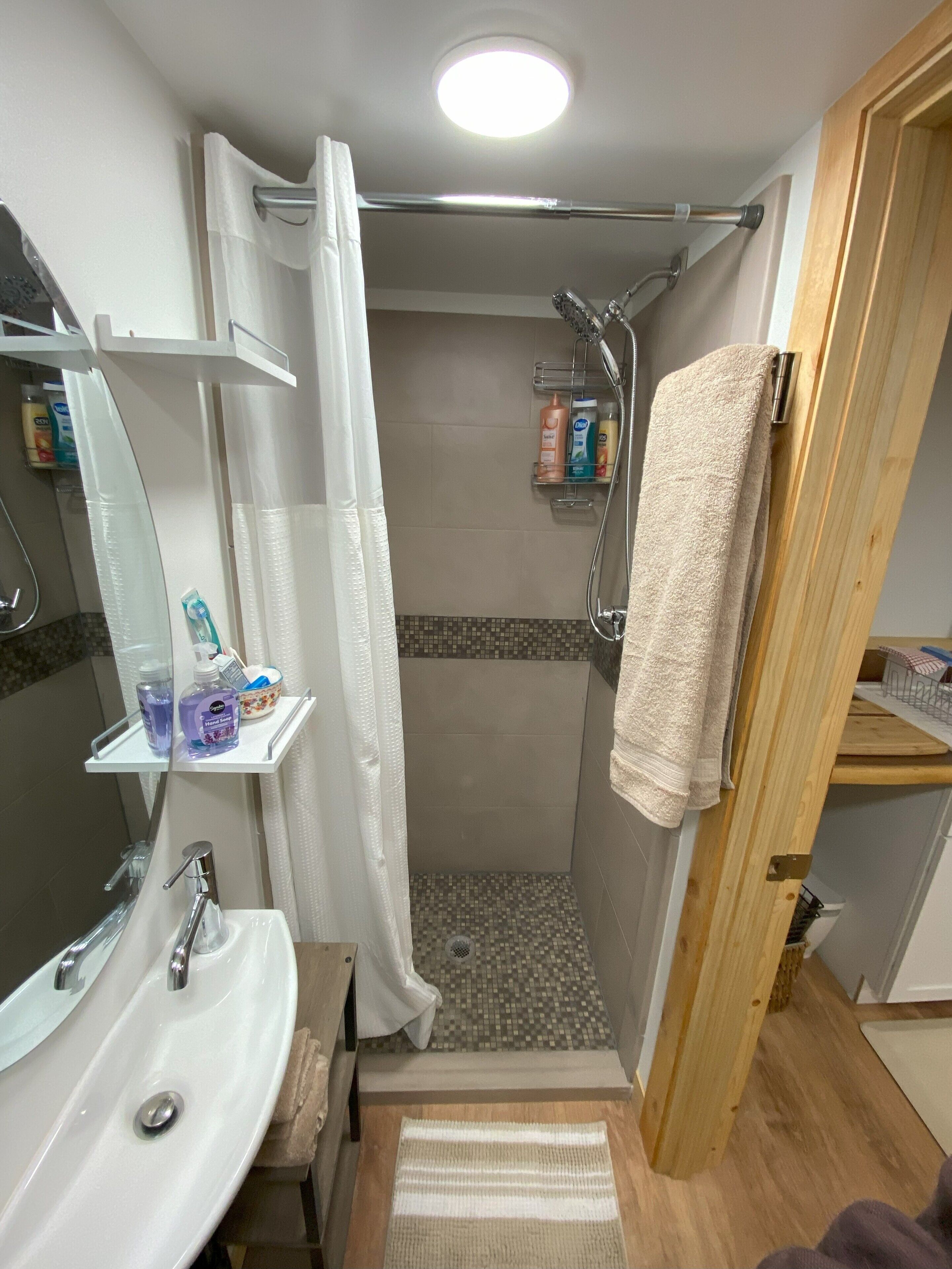 A bathroom with a shower, a sink, and a mirror.