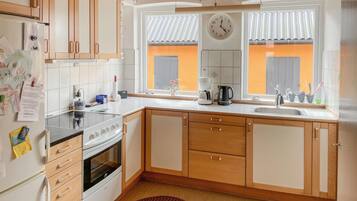 Fridge, stovetop, dishwasher, coffee/tea maker