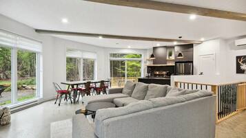 Smart TV, fireplace, video games, DVD player