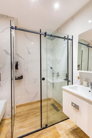 Shower, hair dryer, towels, soap