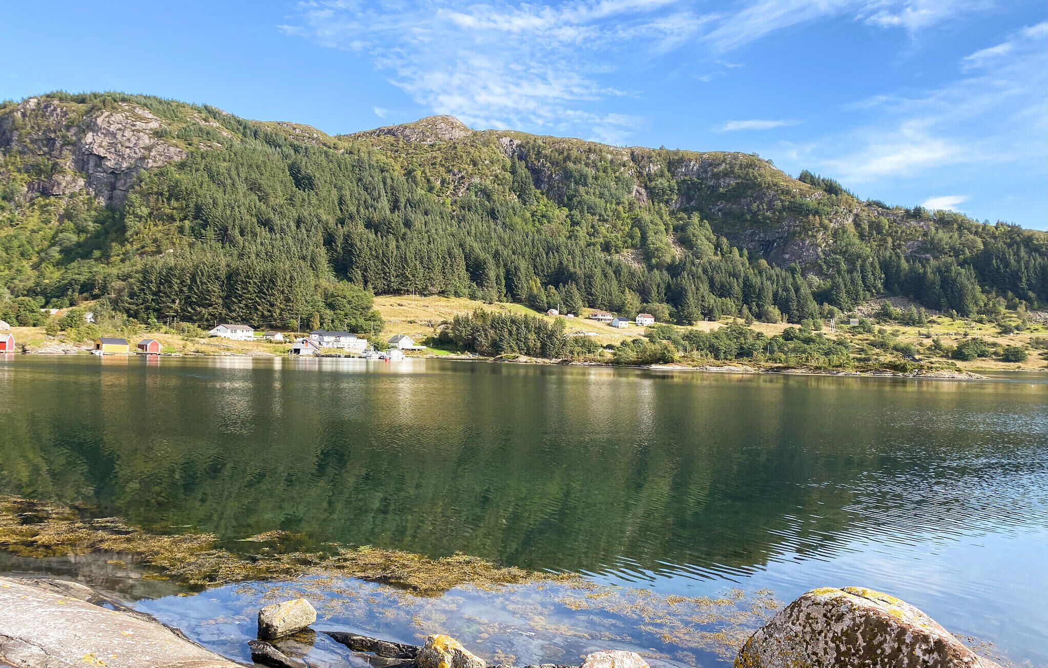 A lake surrounded by forested hills with houses along the shore.