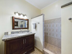 Une salle de bain dotée d’un lavabo avec un plan de travail en granit, d’un meuble-lavabo en bois foncé, d’un miroir avec éclairage intégré et d’une douche aux carreaux décorés.