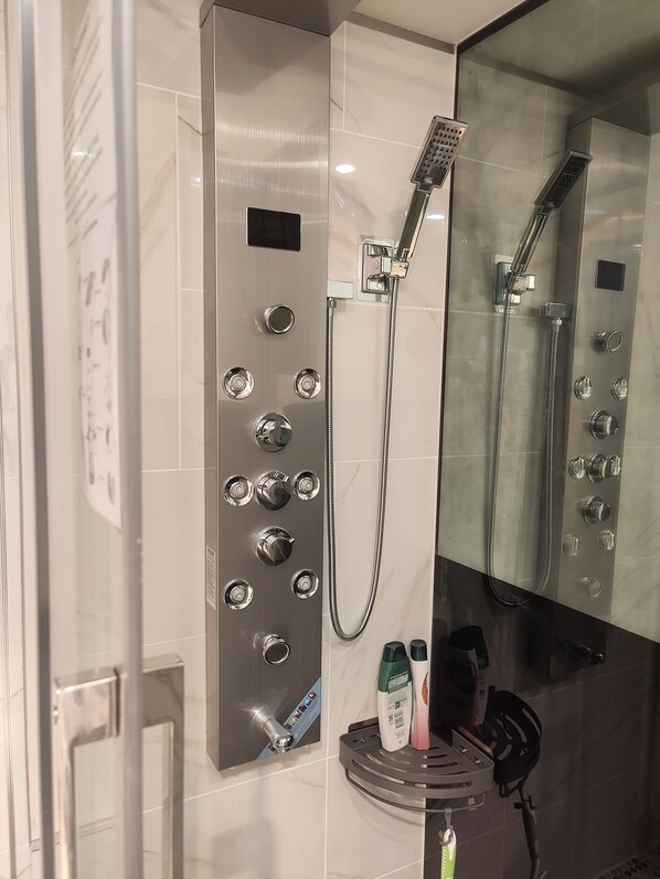 Shower, hair dryer, bidet, towels