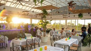 Un espace de restauration intérieur avec des tables dressées pour les clients, de grandes fenêtres et des plantes suspendues.