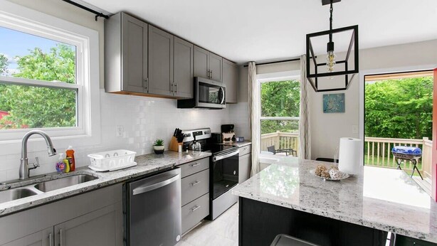 A modern kitchen with grey cabinets, a microwave, and a large window overlooking a garden. - Dugan Ave Dugout - Unit A (Birmingham)