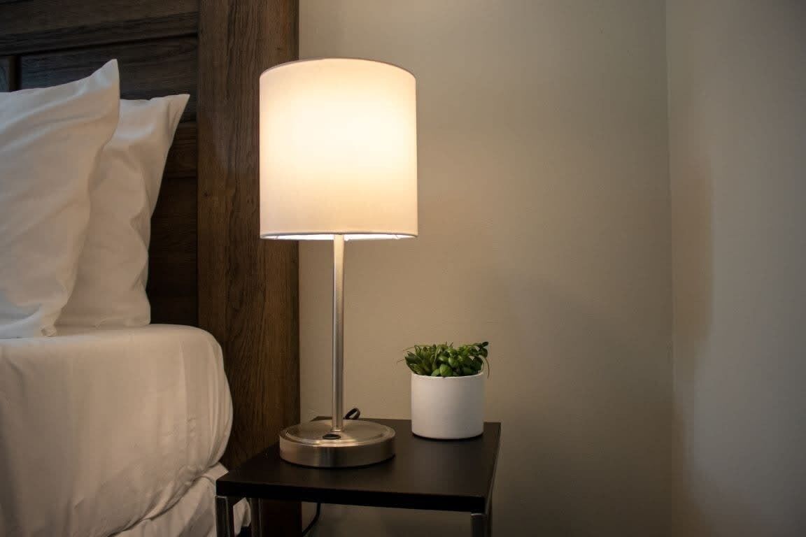 A bedside table with a lamp and a potted plant.
