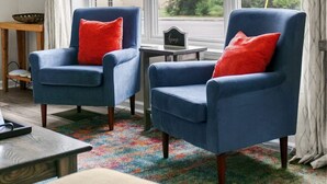A room with two blue armchairs, a small table, and a view of greenery outside. - Dugan Ave Both (Birmingham)