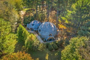 Two geodesic dome structures in a forested area with a clear path leading to them. - Bell Circle Eccentric Geodesic Dome-home (Huntsville)