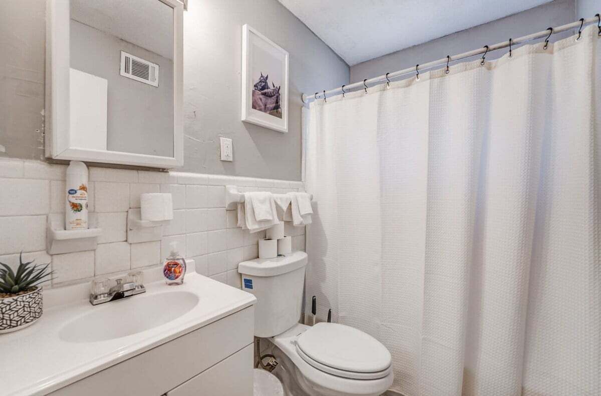 Een badkamer met een wit wastafel, toilet en douchegordijn.