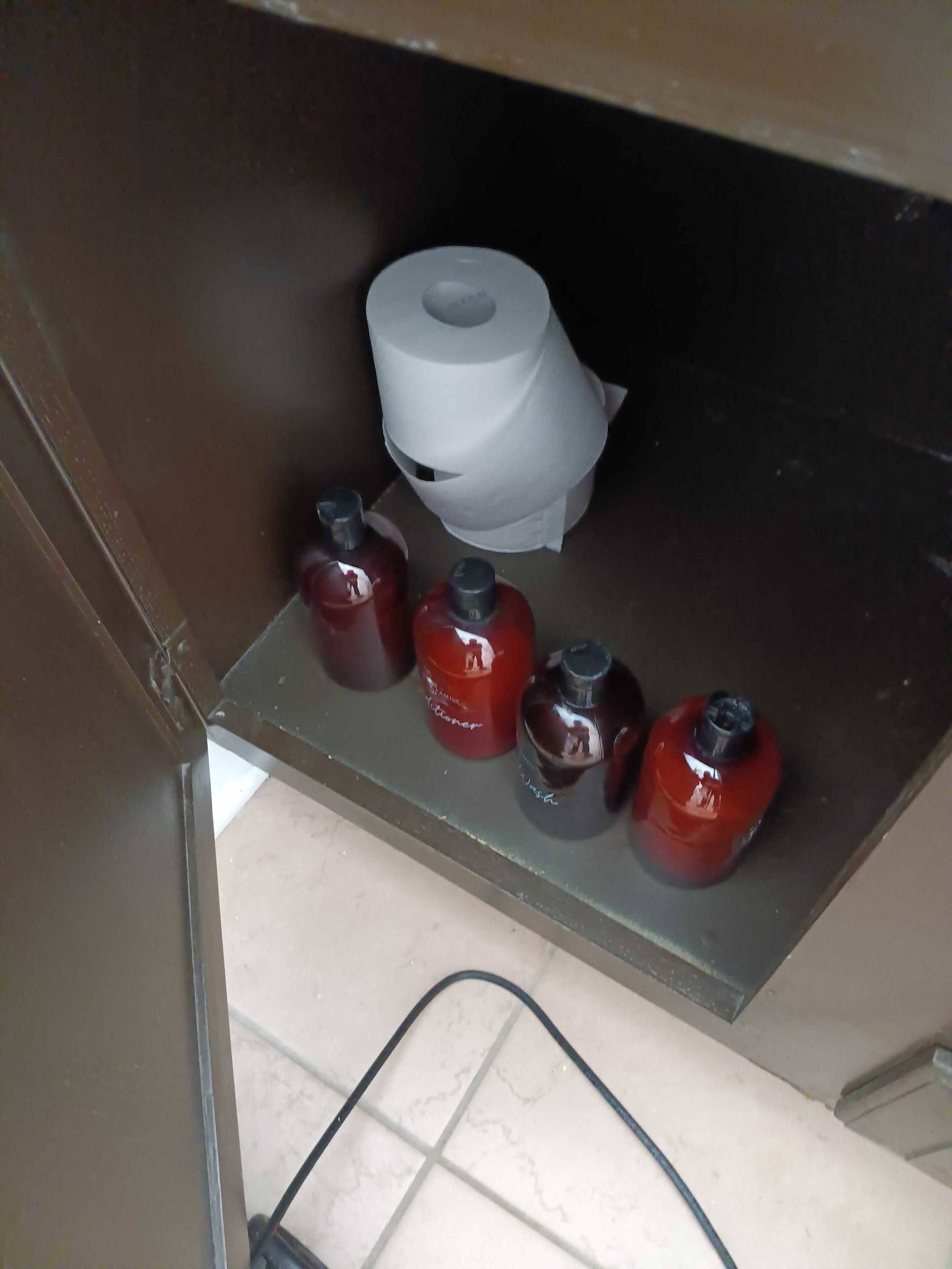 Ein Badezimmer mit Toilettenpapier, einem Waschbecken und mehreren Flaschen Handseife.
