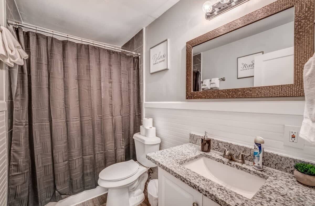 Une salle de bain équipée d’un rideau de douche, de toilettes, d’un lavabo et d’un miroir.