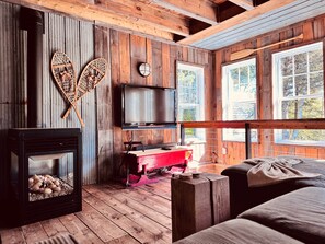 Fireplace, table football, stereo