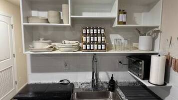 Fridge, microwave, coffee/tea maker, toaster