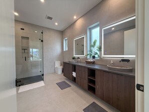 Hair dryer, towels, soap, toilet paper
