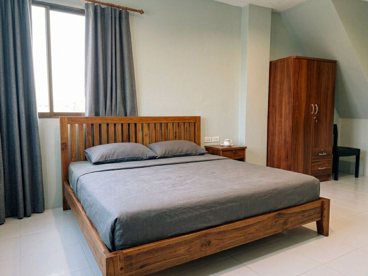 Une chambre à coucher avec un lit en bois, une armoire, une table de chevet et une fenêtre avec des rideaux.