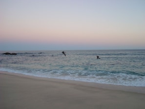 Une plage avec des vagues et un ciel dégagé.