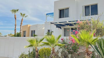 A modern two-story house with a white exterior, a covered patio, and a variety of tropical plants.