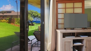 A room with a TV on a wooden stand, a sliding glass door leading to a garden, and a bookshelf with books.