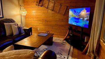 Smart TV, fireplace, video games, DVD player