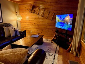 Smart TV, fireplace, video games, DVD player