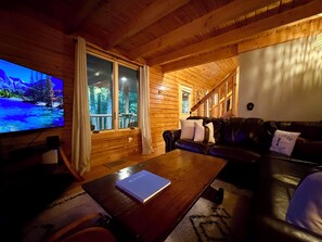 Smart TV, fireplace, video games, DVD player