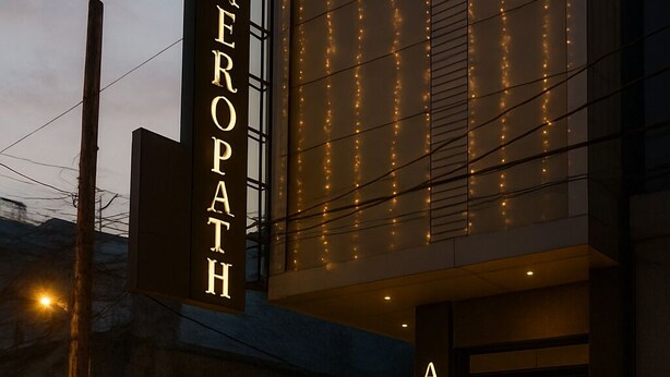 A modern building with a sign reading "AEROPATH HOTEL" and decorative string lights. - Pathway KDSON at Airport (New Delhi)
