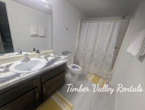 Hair dryer, towels, soap, toilet paper