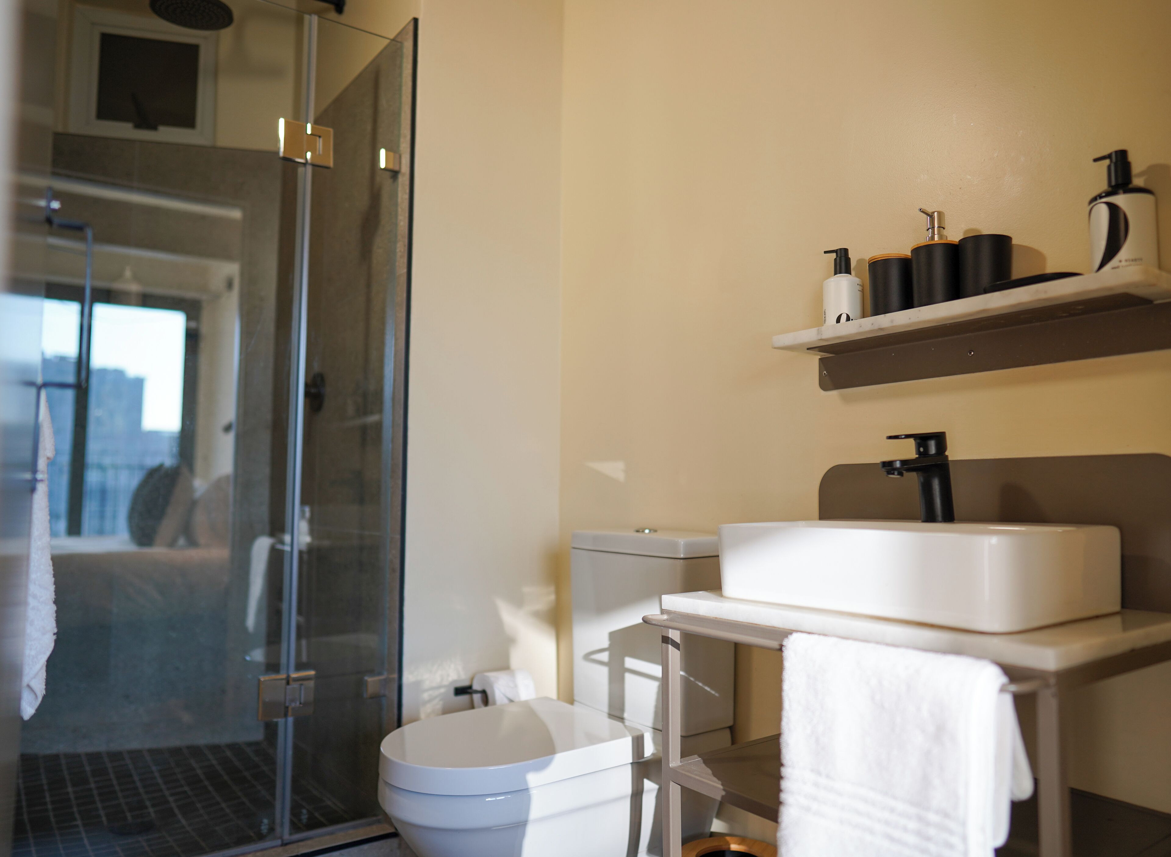 A modern bathroom with a glass shower enclosure, a white sink, and a toilet.