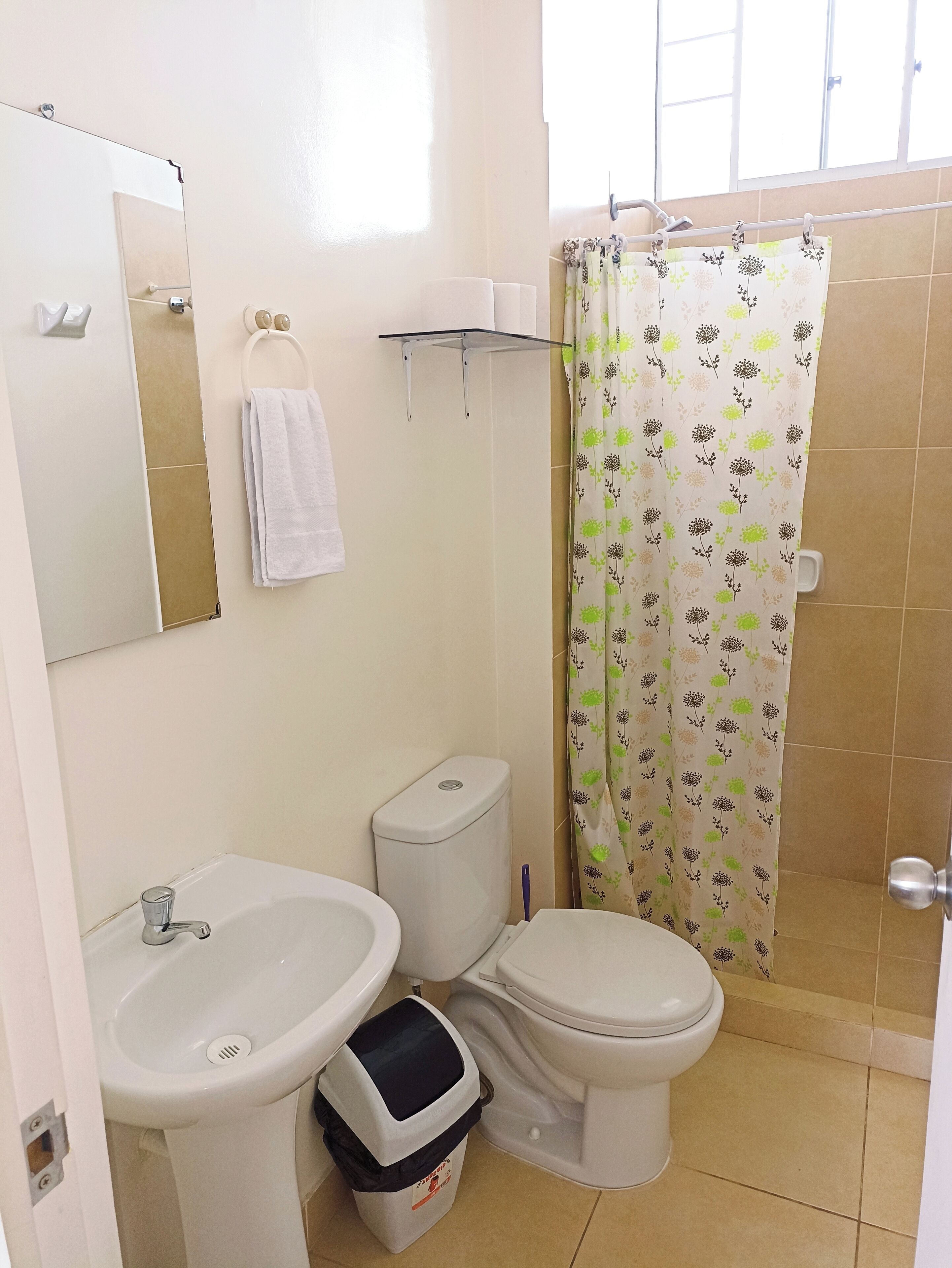 A bathroom with a sink, toilet, and shower curtain.
