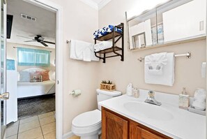 Hair dryer, towels, soap, toilet paper