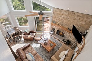 TV, fireplace, books