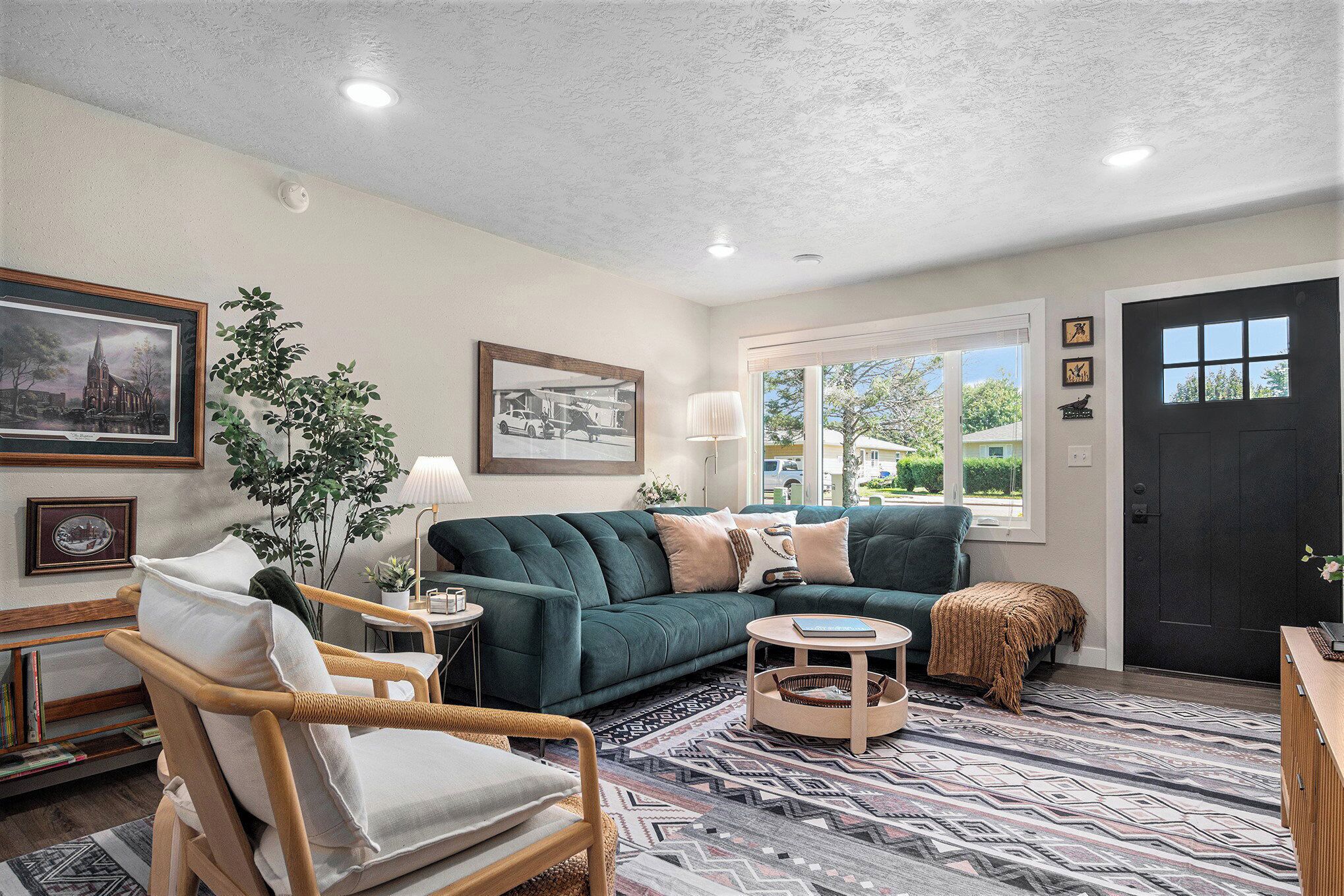 Smart TV, fireplace, books