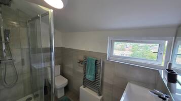 Shower, hair dryer, towels