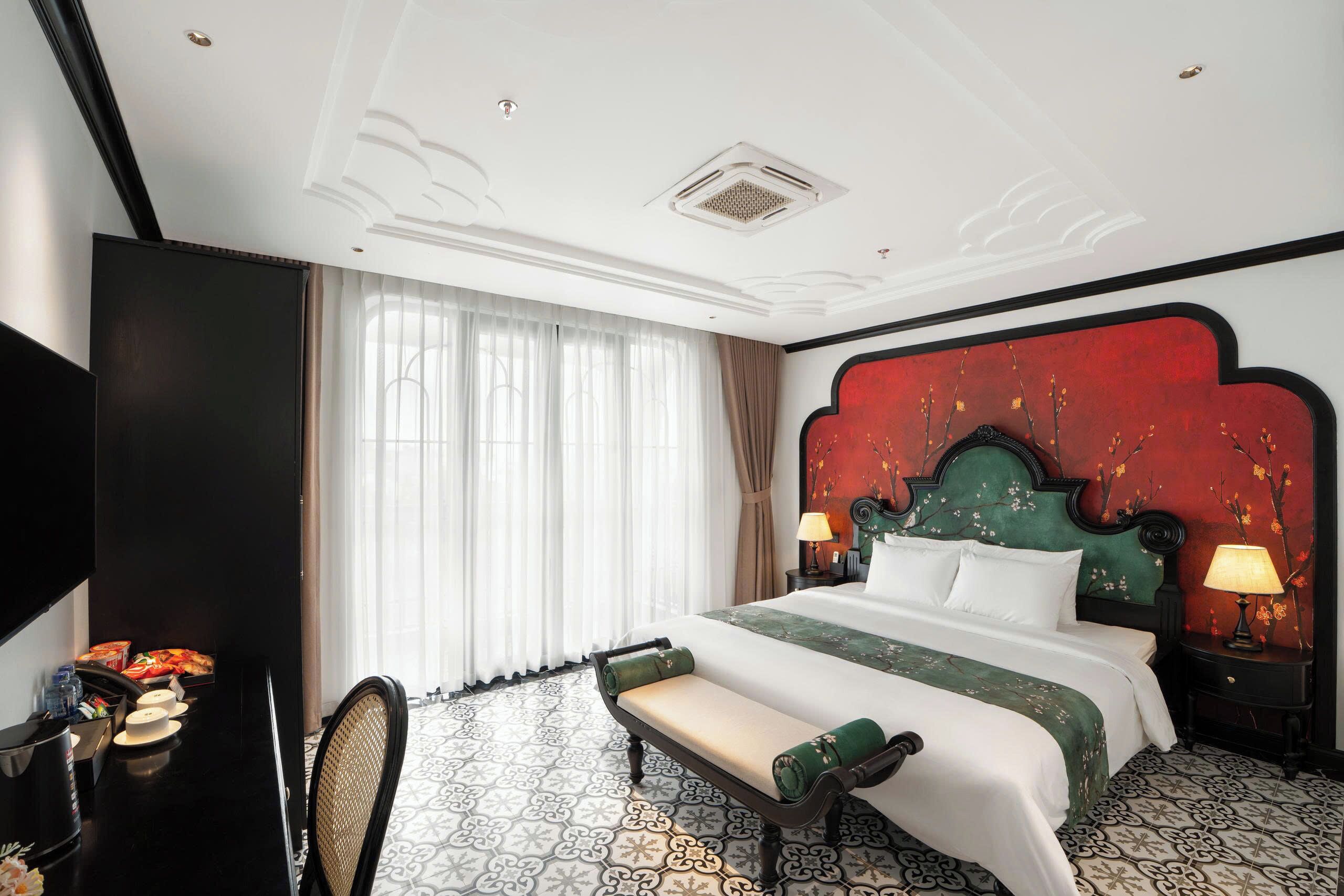 Hypo-allergenic bedding, desk, laptop workspace, blackout curtains