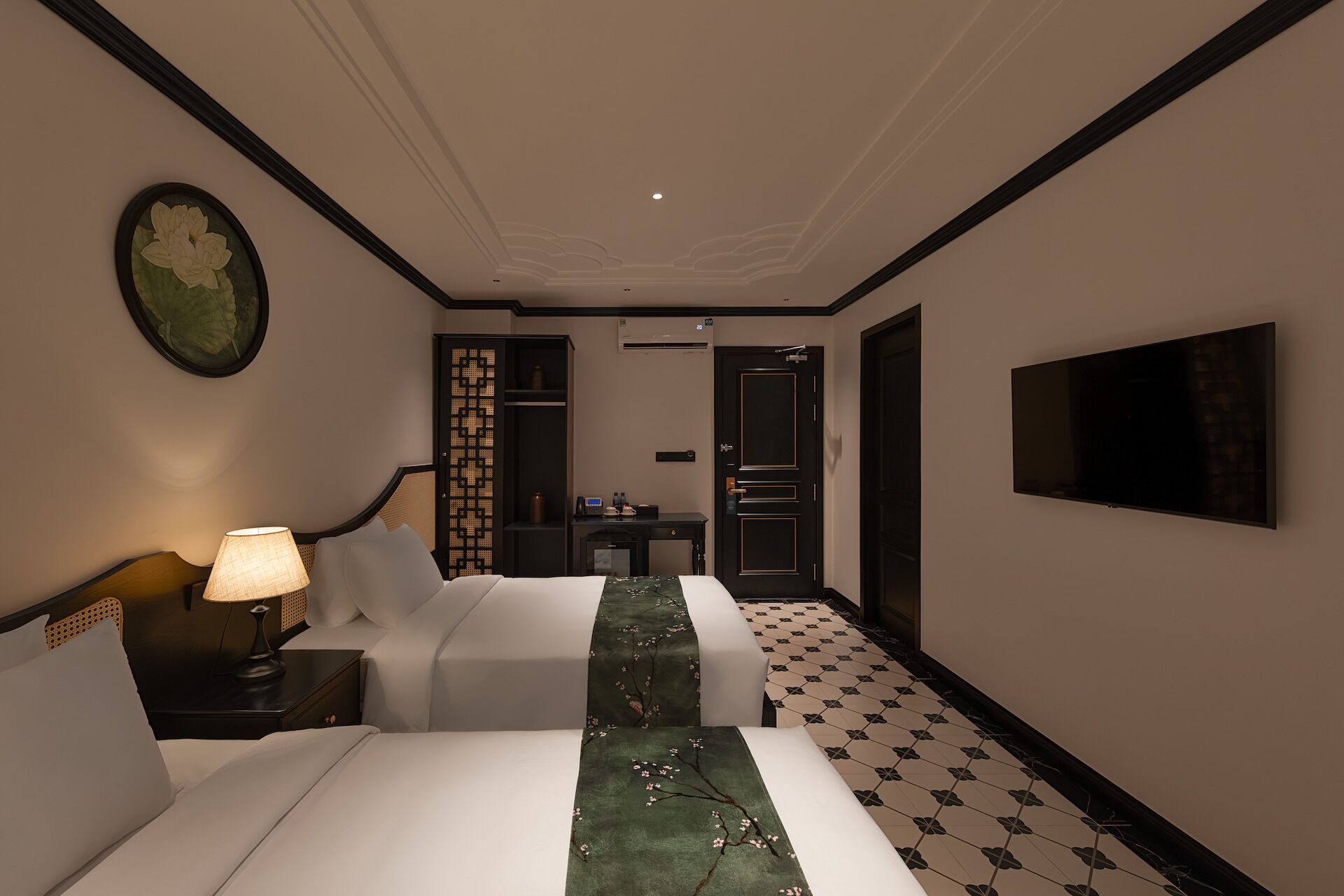 Hypo-allergenic bedding, desk, laptop workspace, blackout curtains