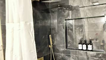 Hair dryer, towels, soap, shampoo