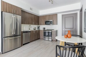 Fridge, microwave, oven, dishwasher