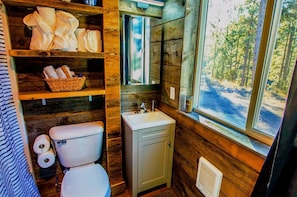 Hair dryer, towels, soap, toilet paper